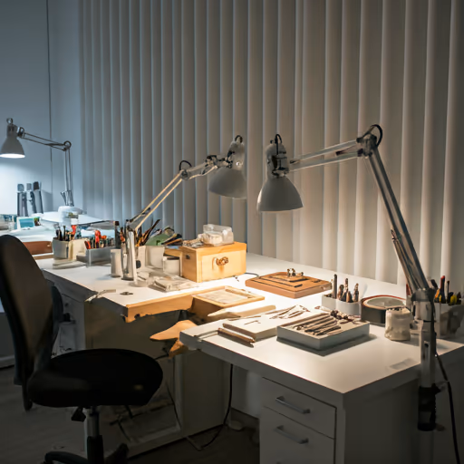 Modern high-end jewelry workshop with clean white workstations, specialized lighting, and professional tools in an airy studio space