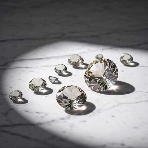 Minimalist layout of several loose gemstones in various sizes on a white marble surface with soft natural shadows